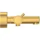 Thermostat von Ideal Standard in gebürstetem Gold mit einem seitlichen Ventil und einem runden Bedienkopf. Klar sichtbare Anschlüsse für die Installation.